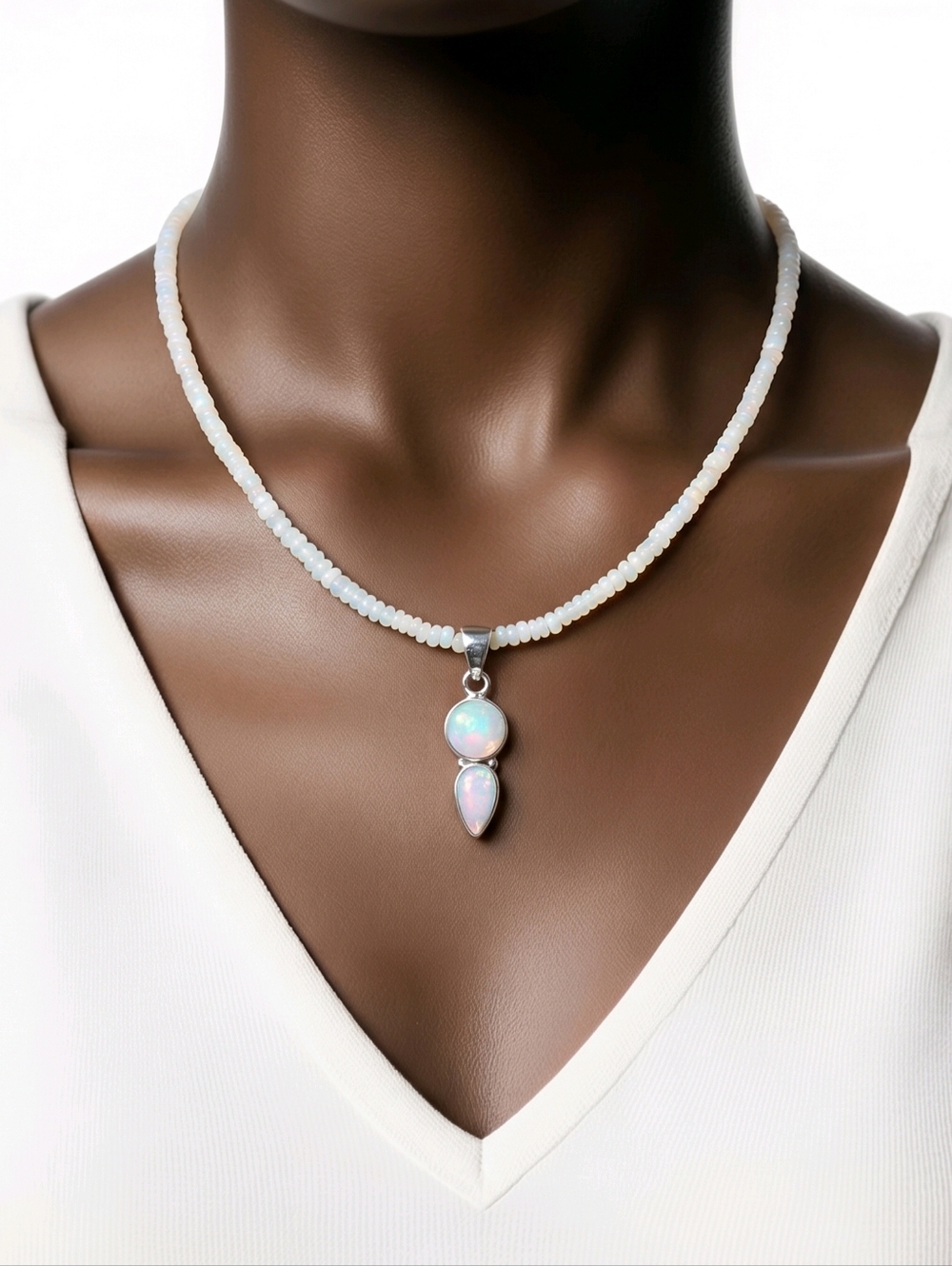 Opal Bead Necklace with Double Opal Pendant Set In Sterling Silver 925